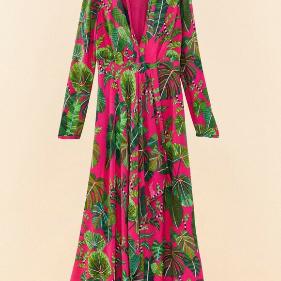 🌺 Farm Rio Leaves Pink Maxi Dress – Size XL – Deep V-Neck – 100% Viscose 🌺 - Picture 6 of 16
